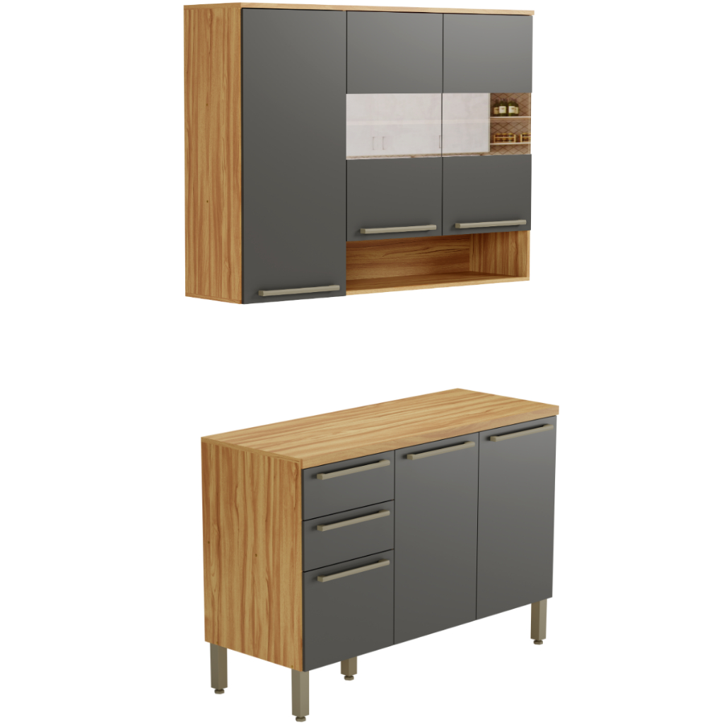 Cozinha Compacta Nápoli Prime 2 Peças 6 Portas 2 Gavetas Armário Aéreo Balcão Com Tampo 100% MDF - Home & Living