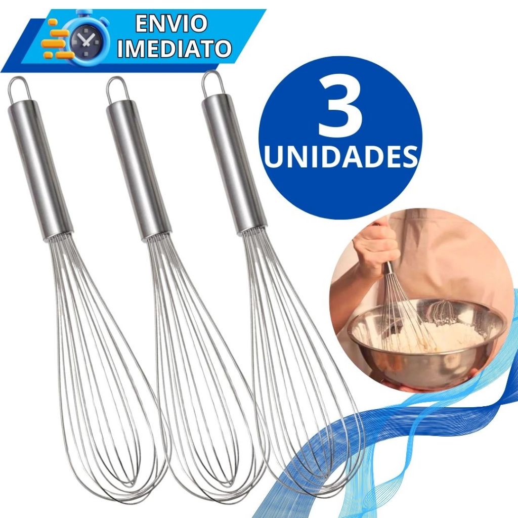 KIT 3 Batedor de clara ovo Fouet fue 100% AÇO INOX para Cozinha Casa Buffet Restaurante Bolo Pão Farinha Bater Doces