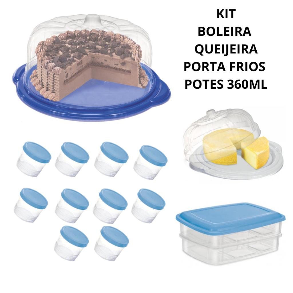 Kit 1 Boleira 1 Queijeira 1 Porta Frios Duplo E 10 Potes De Rosca 360ml Cores Sortidas Organização Cozinha