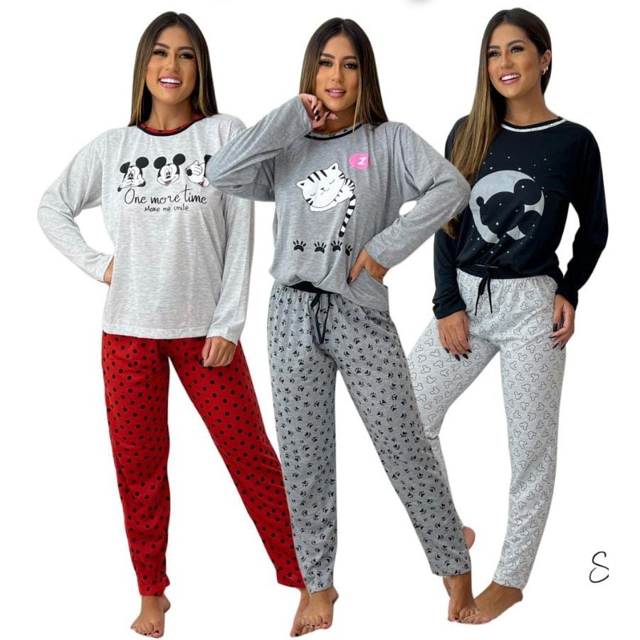 Pijama Feminino Manga Longa Inverno Adulto