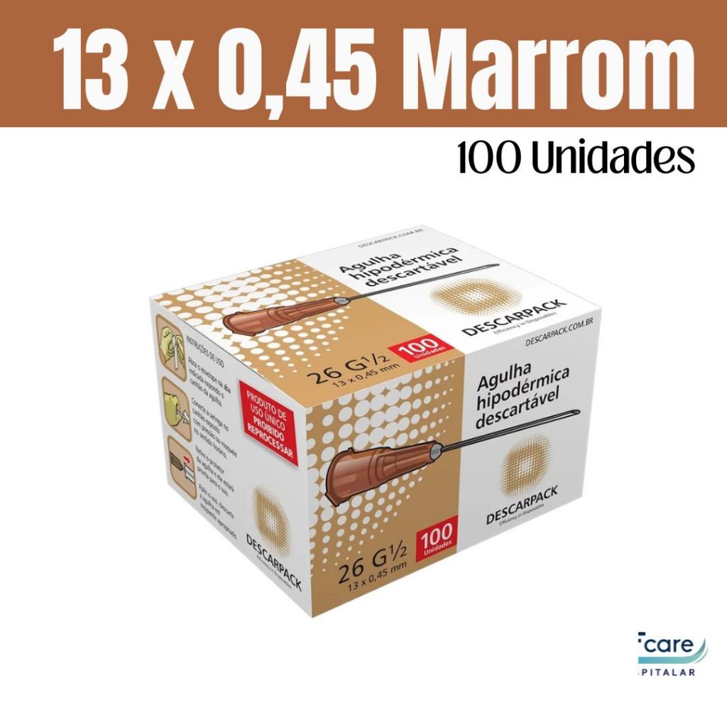 Agulha Hipodérmica 100un Descartável 13×0,45mm (26G X 1/2)  Descarpack Labor Import Medix Solidor em Oferta na Shopee