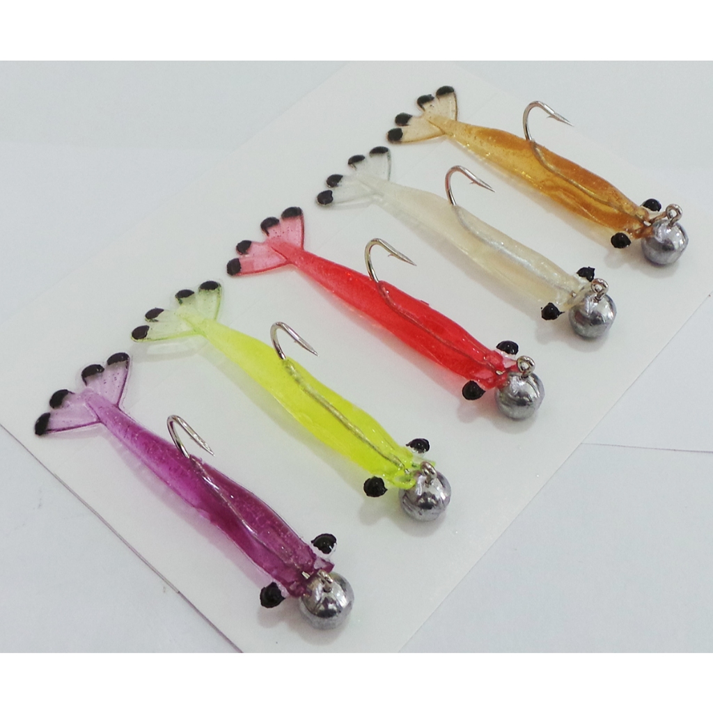 Kit Camarão Artificial 7 cm Premium c/ Jig Head - 5 unidades Robalo Corvina Pescada Tucunaré