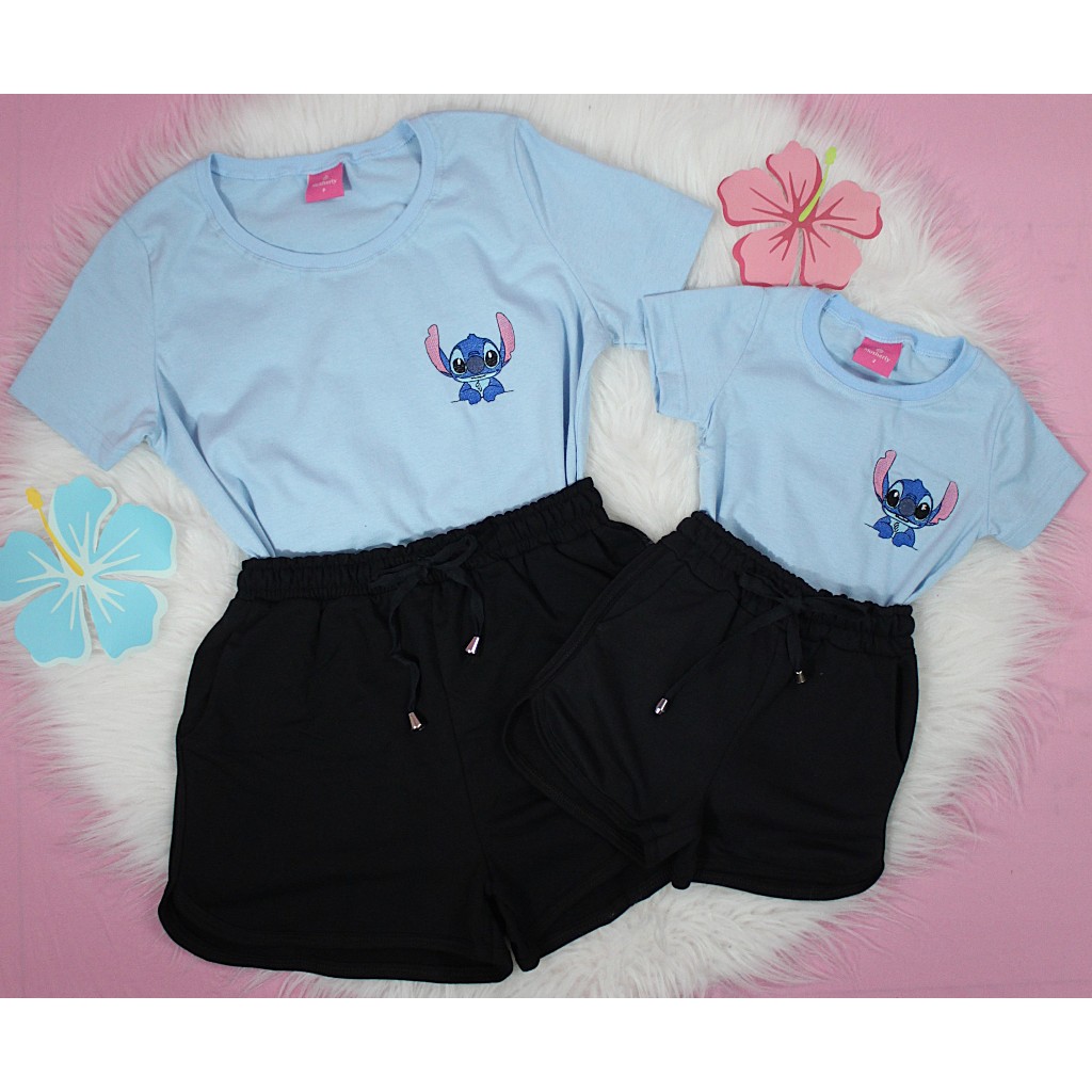 tal mãe, tal filha Stitch bordado Conjunto feminino verão camiseta algodão + shorts fresquinho