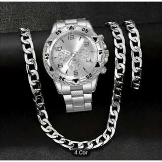 RELOGIO AÇO PRATA + COLAR DE AÇO E PULSEIRA 6MM KIT PARA PRESENTEAR Relógio Masculino Aço inoxidável Kit CORRENTE + PULS em Oferta na Shopee