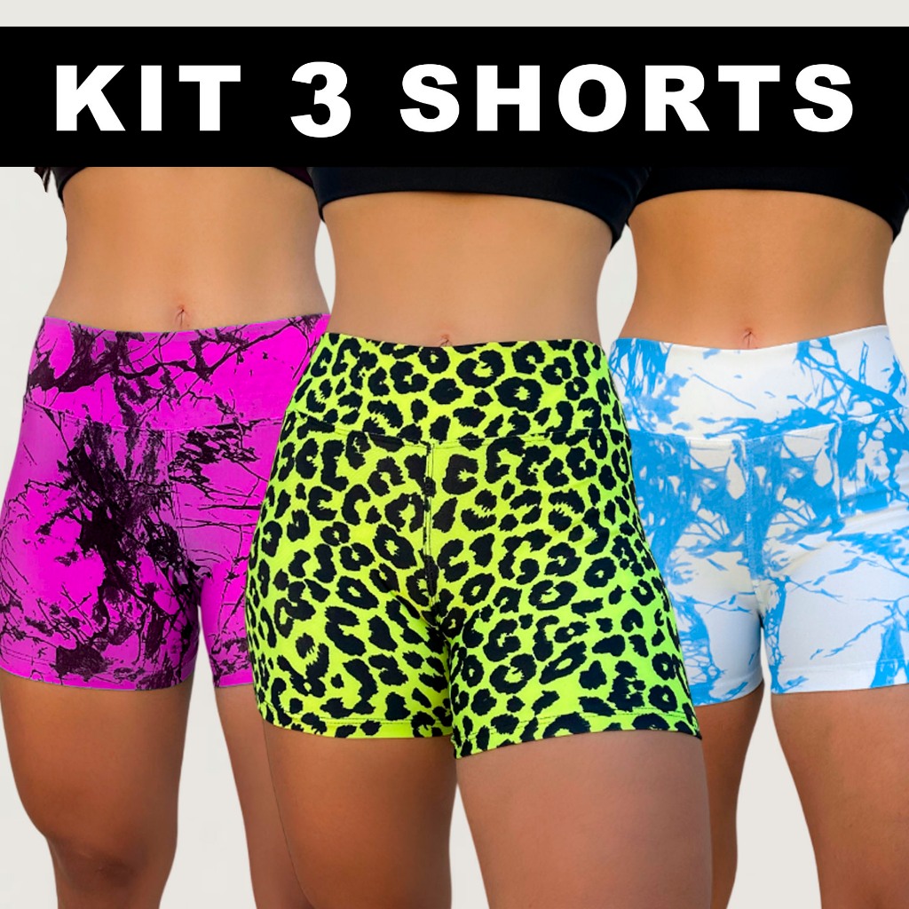 Kit 3 Shorts Feminino Academia Bermuda Fitness Shortinho Curto Estampado para Treino e Corrida Estampas Variadas
