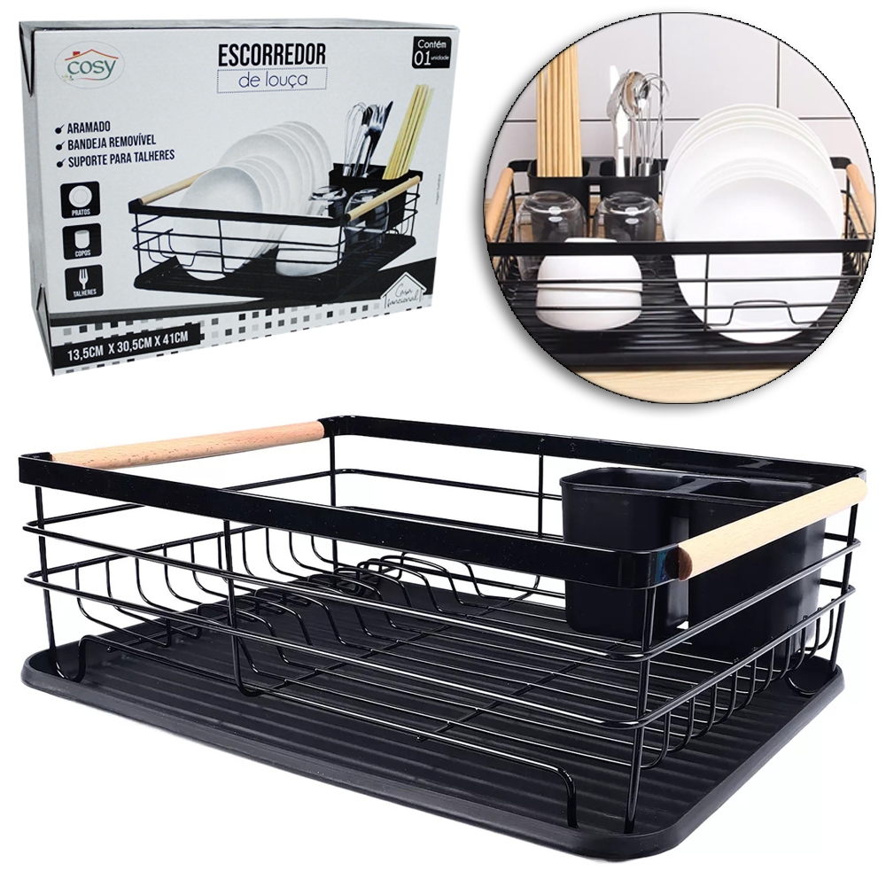 Escorredor Secador De Pratos Copos Aramado Com Bandeja + Porta Talher De Plastico