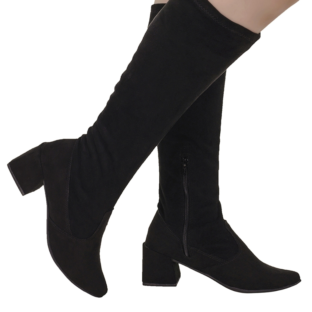 Bota Feminina Cano Longo com Stretch Salto Grosso e Bico Fino Moda Fashion 634