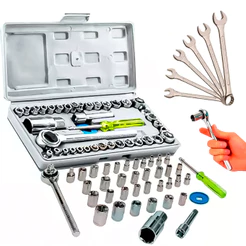 Kit Jogo Ferramentas 46 Peças - Chaves Combinadas Várias Medidas + Chave Catraca Reversível Soquetes