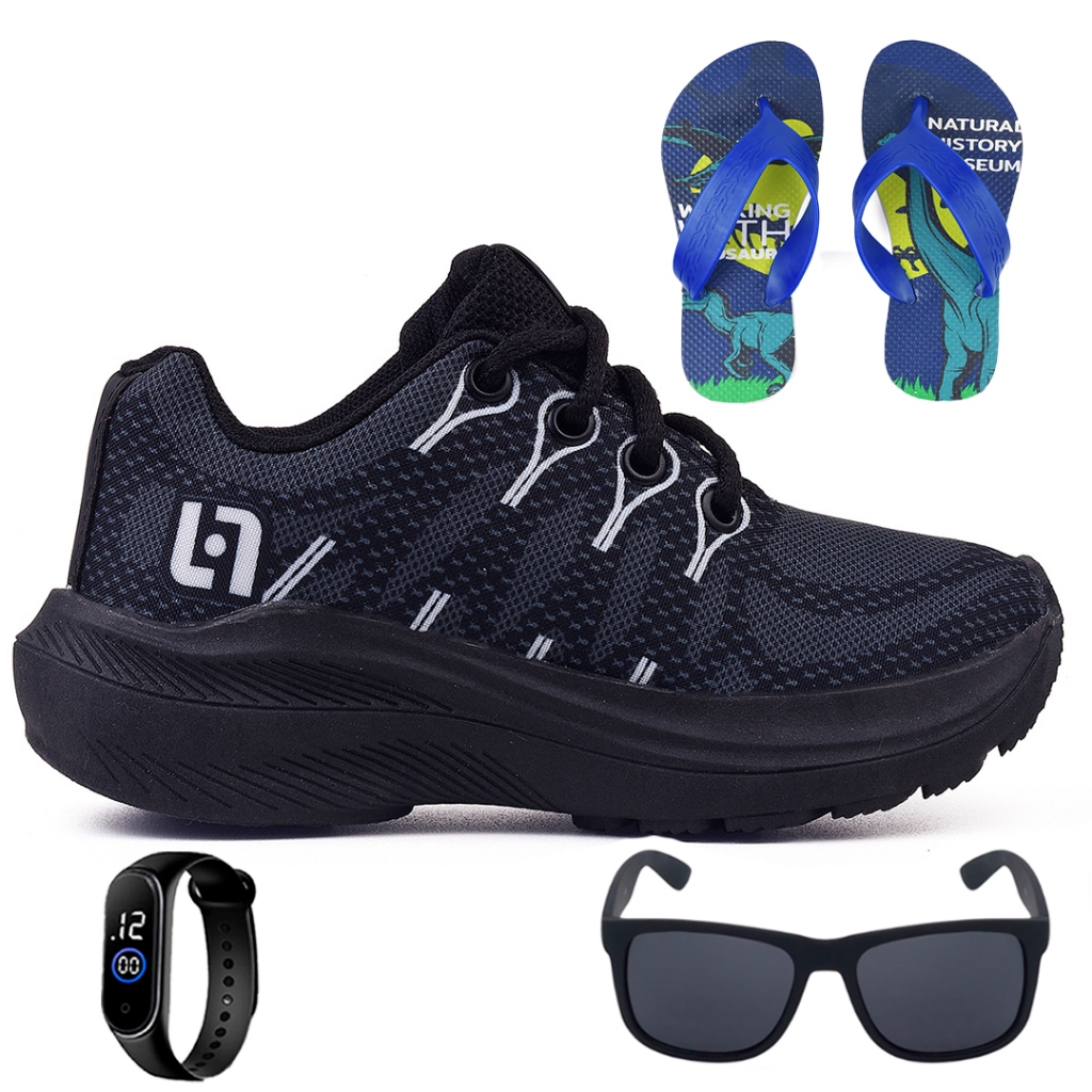 Tenis Infantil Meninos Casual Escolar Preto + Chinelo + Oculos + Relogio em Oferta na Shopee