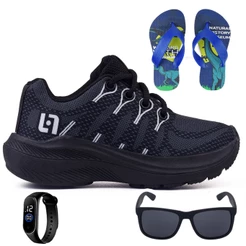 Tenis Infantil Meninos Casual Escolar Preto + Chinelo + Oculos + Relogio
