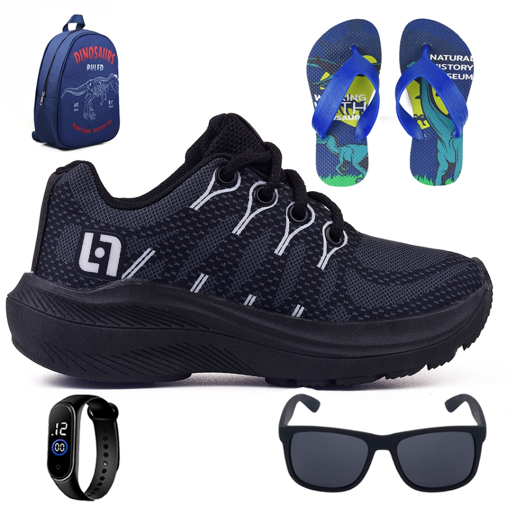 Tenis Infantil Meninos Casual Escolar Preto + Mochila + Chinelo + Oculos + Relogio em Oferta na Shopee