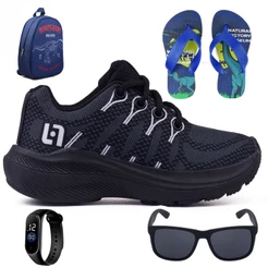 Tenis Infantil Meninos Casual Escolar Preto + Mochila + Chinelo + Oculos + Relogio