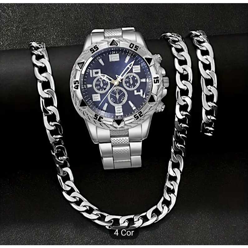 Relógio masculino prateado + corrente e pulseira de 6mm relogio grande  relógio resistente para homens relogio de aço