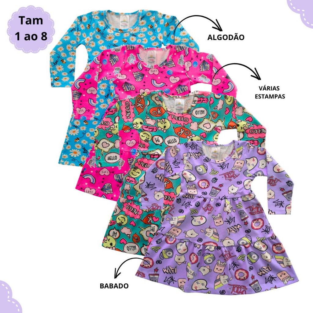 Kit 2 Vestido Infantil Inverno Manga Longa Colorido em Algodão Meia Estação 1 ao 8 em Oferta na Shopee