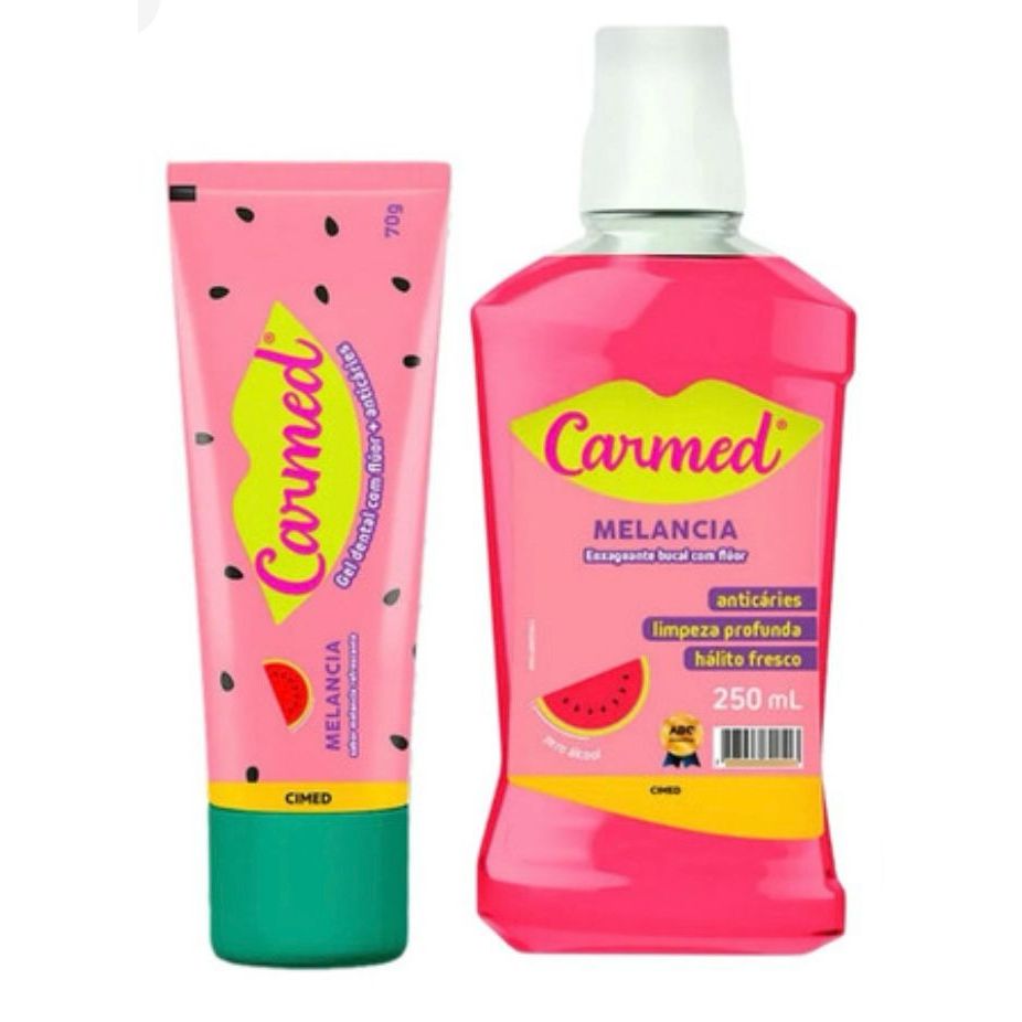 Kit 1 Enxaguante Bucal 250ml + 1 Gel Dental 70g Carmed Melancia Lançamento