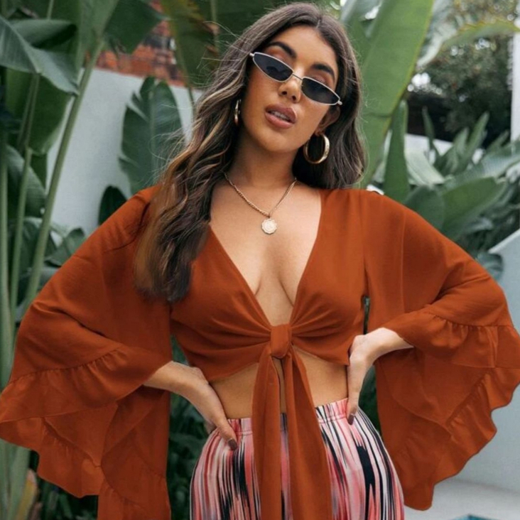 Cropped Multiformas Amarrar Manga Longa Babado Flare Varias Formas Amarrar