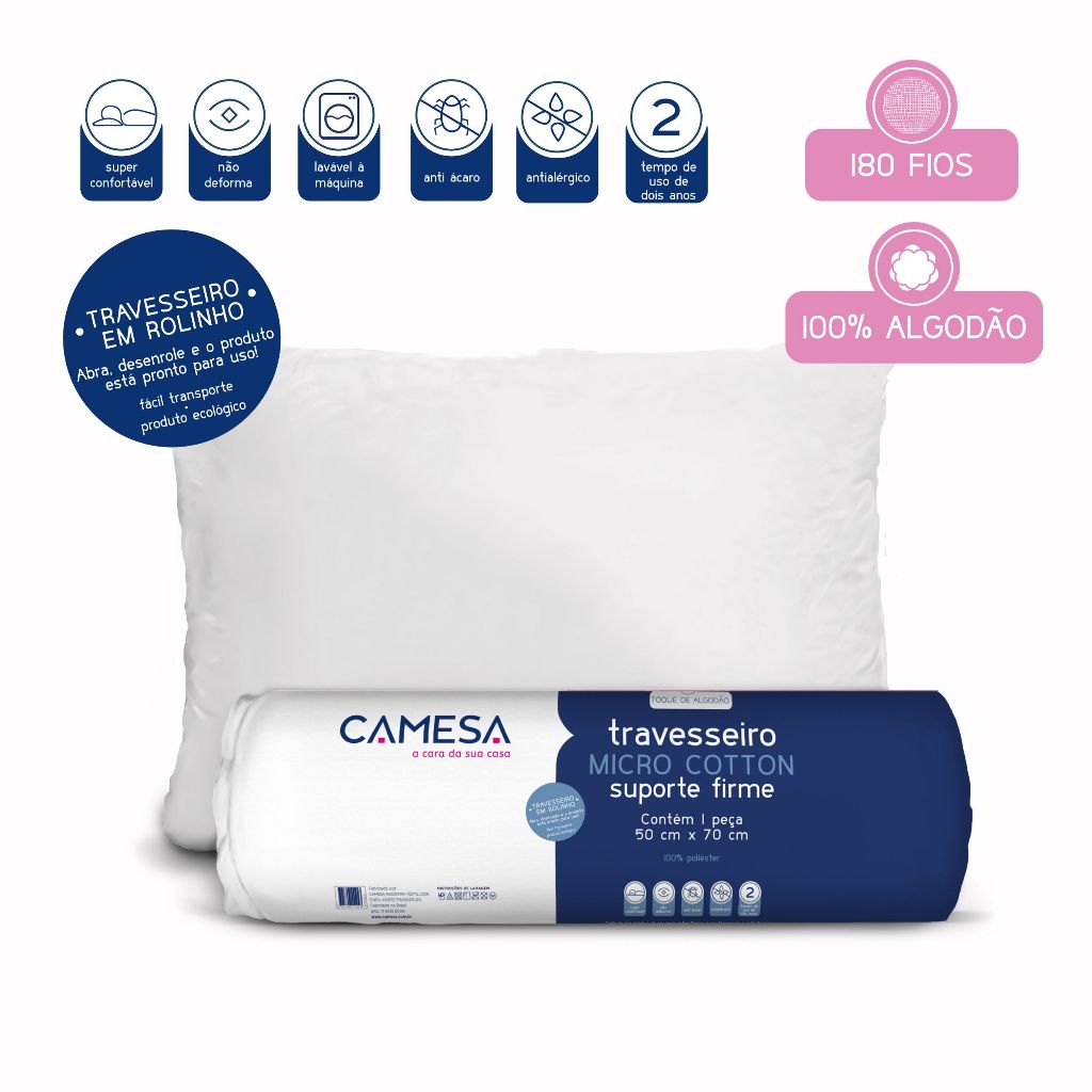 Travesseiro a Vácuo Cotton Plus 180 Fios Suporte Extra Firme 50x70cm – Camesa em Oferta na Shopee