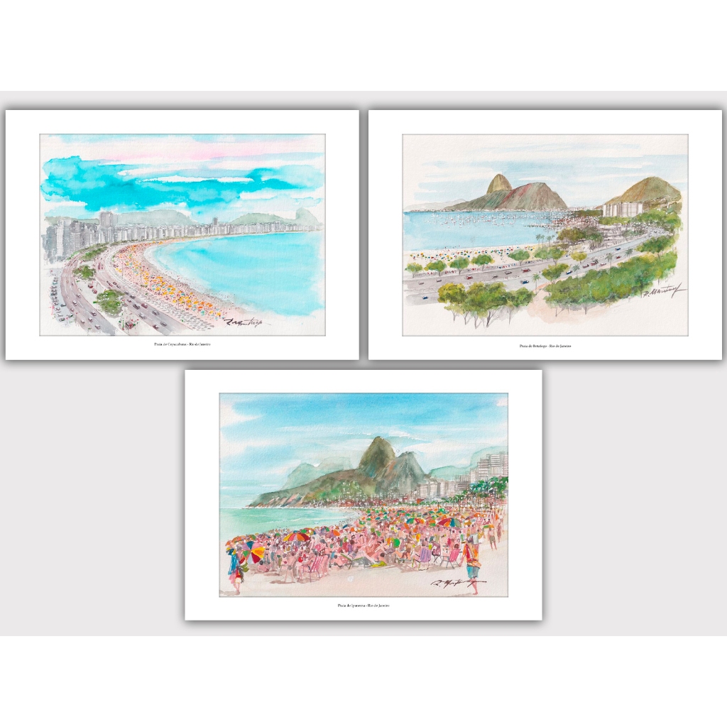KIT 3 Cartões Postais do Rio de Janeiro | Praias do Rio | Arte em Aquarela | Cartão Postal 15x10