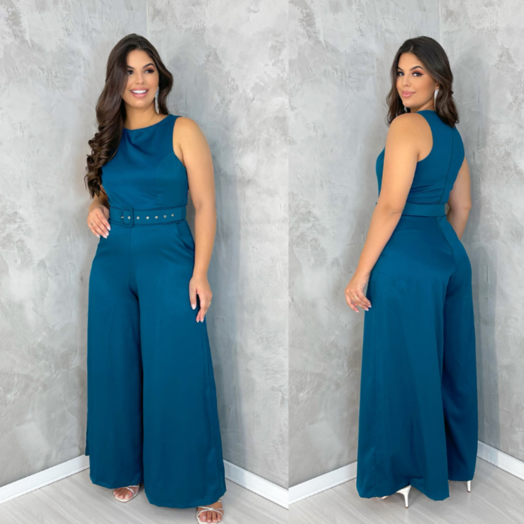 Macacão Feminino Pantalona com Cinto Plus Size Elegante Festa Longo