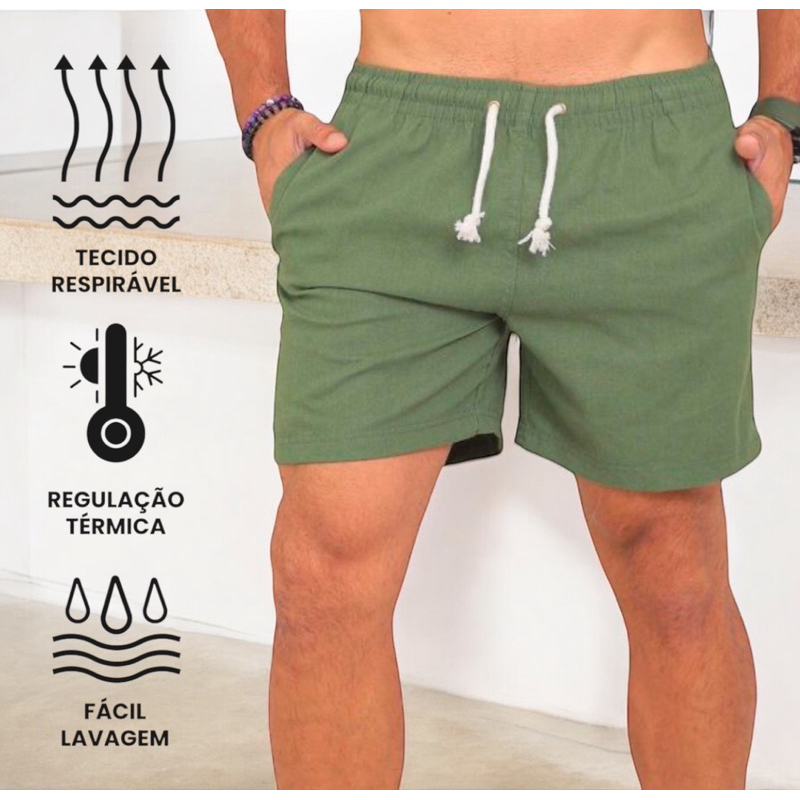 Short Linho Casual Masculino Bermuda Mauricinho Viscose Moda Verão Praia Tinto Curto Várias Cores