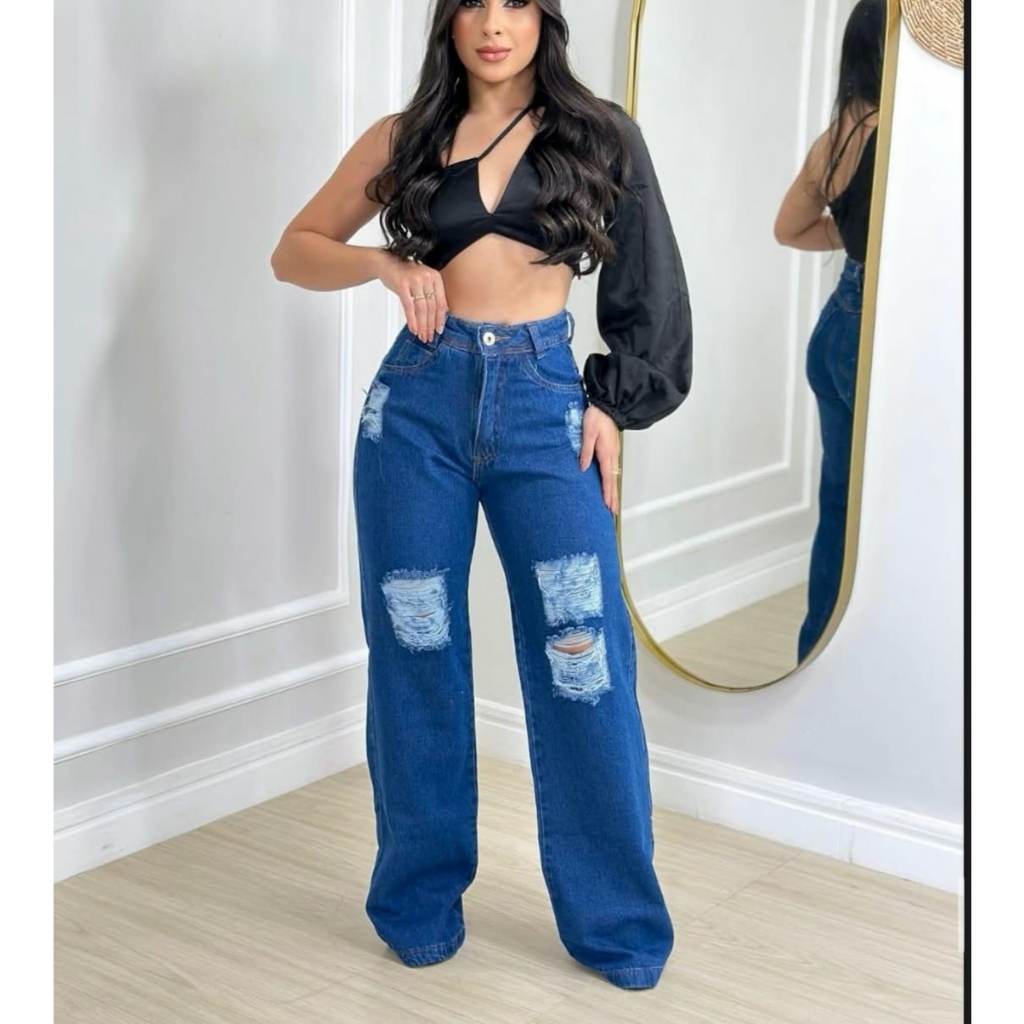 CALÇA WIDE LEG JEANS FEMININO PANTALONA DESTROYD RASGADA MODA