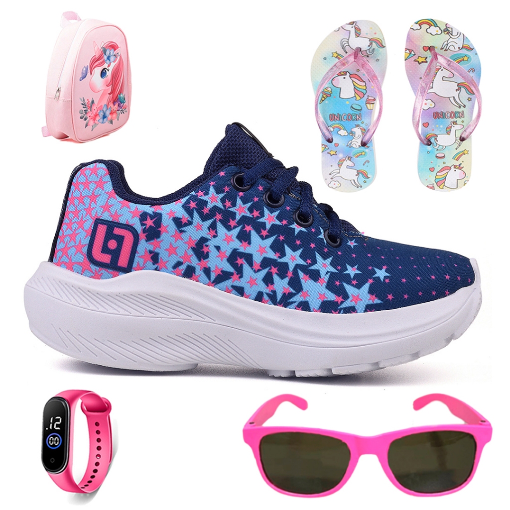 Kit Tênis Infantil Casual Meninas Escolar Basico Confortavel + Mochila + Chinelo + Oculos + Relogio em Oferta na Shopee
