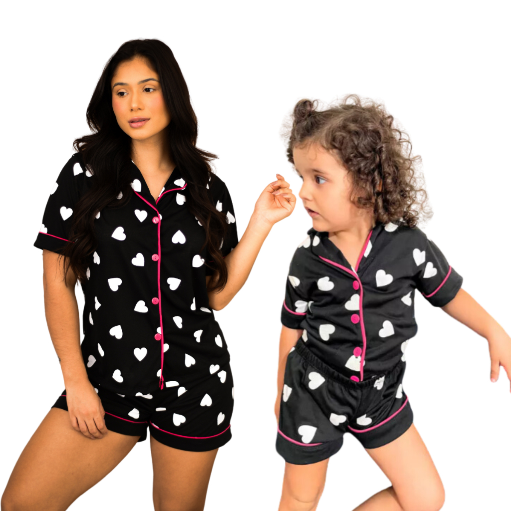 Kit Mãe e Filha Pijama Americano Botões Feminino Short Doll Infantil Adulto Confortável Ma...