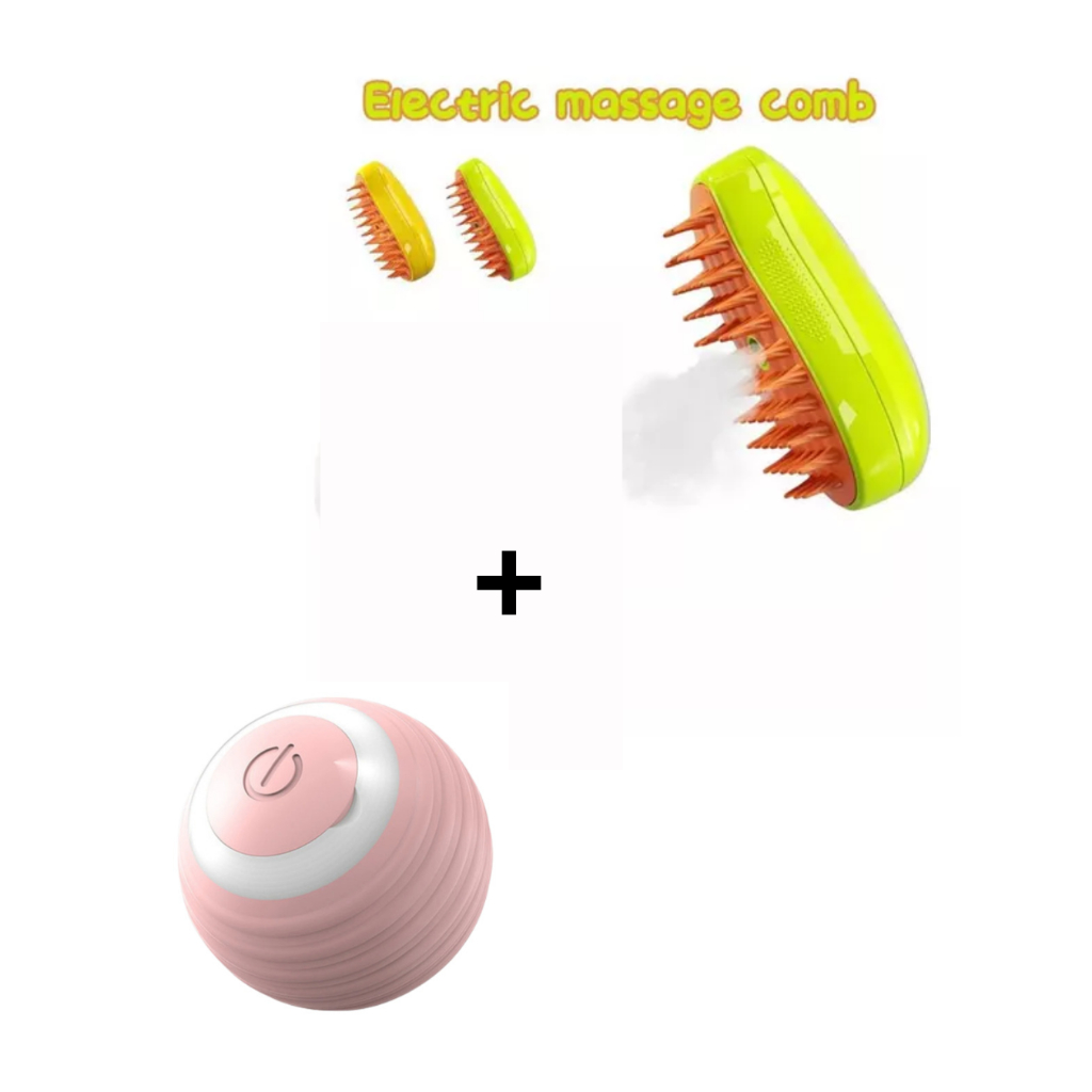 Kit 3 em 1 Escova a Vapor para Gatos + Brinquedo Bola Elétrico USB Rotação Automática Interativo para Pets