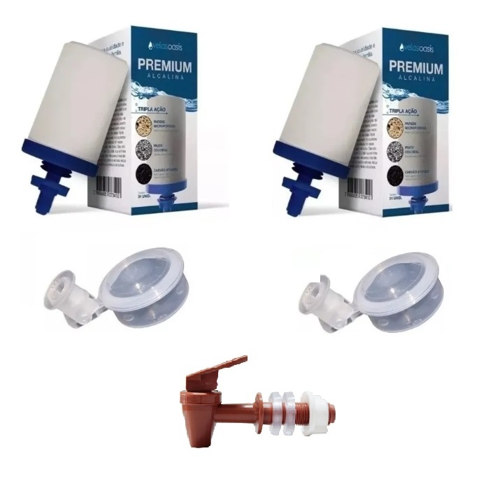 Kit 2 Velas Oasis Tripla Ação Para Filtro De  Barro + 2 Boias Dosadoras + 1 Torneira Marrom em Oferta na Shopee