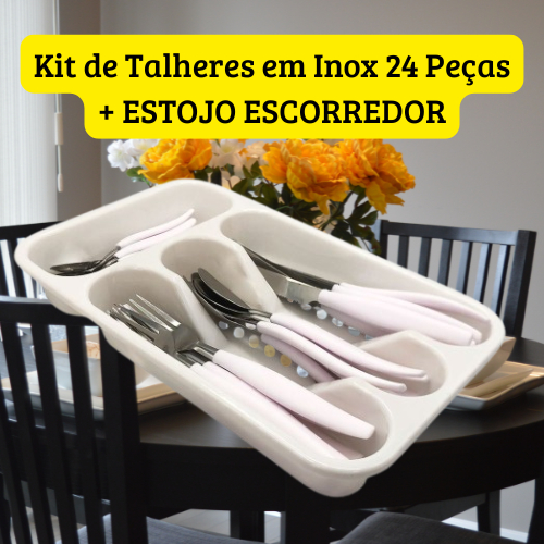 Kit de Talheres em Inox 25 Peças - Branco, 6 peças de cada talher + estojo escorredor