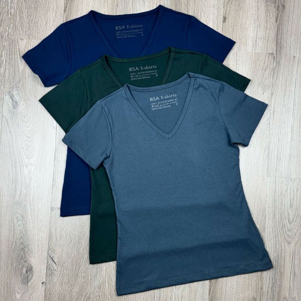 Kit 3 T-shirt Gola V Camiseta Blusinha Feminina Lisa Básica 100% Algodão em Oferta na Shopee