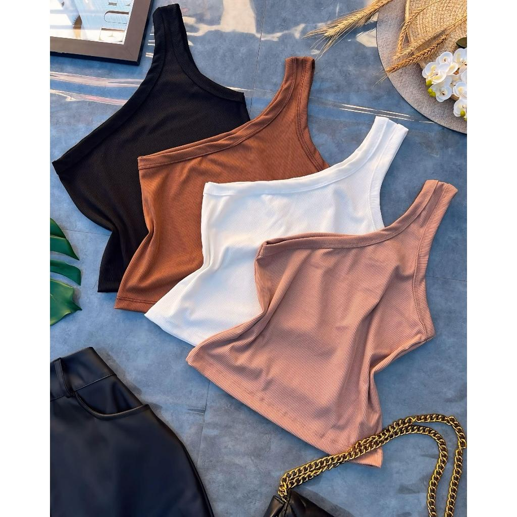 Kit 2 Blusas Feminina Manga Mula Nula Um Ombro Só Canelada Ribana Cropped Top Com Elastano Elegante Casual