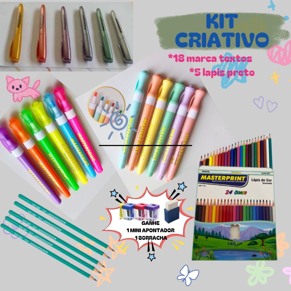 Kit Papelaria Master Print 3 Tipos de Marca Texto — R$ 50,00 em Shopee