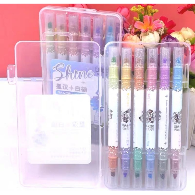 Kit com 6 canetas marca texto com glitter ponta dupla! 8097 em Oferta na Shopee
