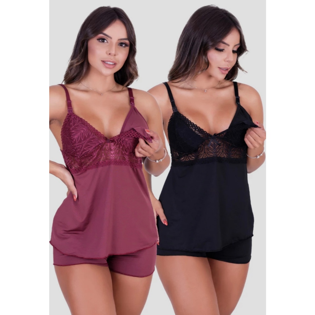 Kit 2 Baby Doll Amamentação Maternidade Pós Parto Gestante Pijamas