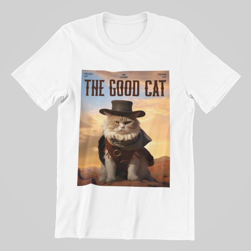 Camiseta unissex engraçada The good cat faroeste good bad ugly gato