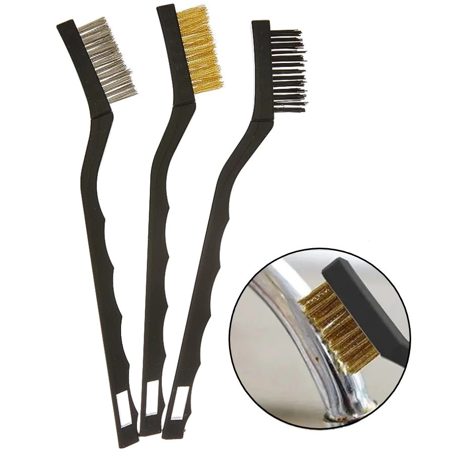 JOGO 3 MINI ESCOVAS CERDAS ACO LATAO E NYLON, CABO PLASTICO