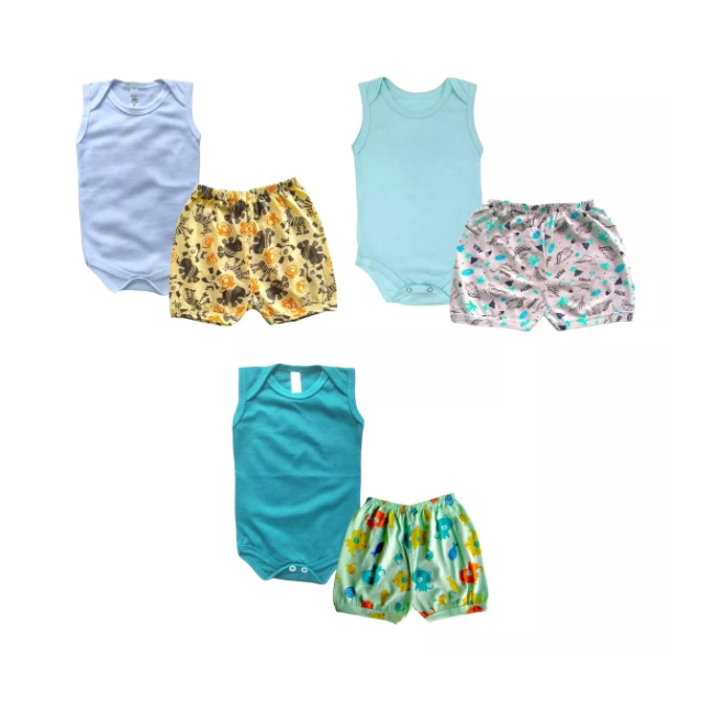 Kit 6 Peças 3 Body Regata + 3 Short Roupa De Bebê Atacado