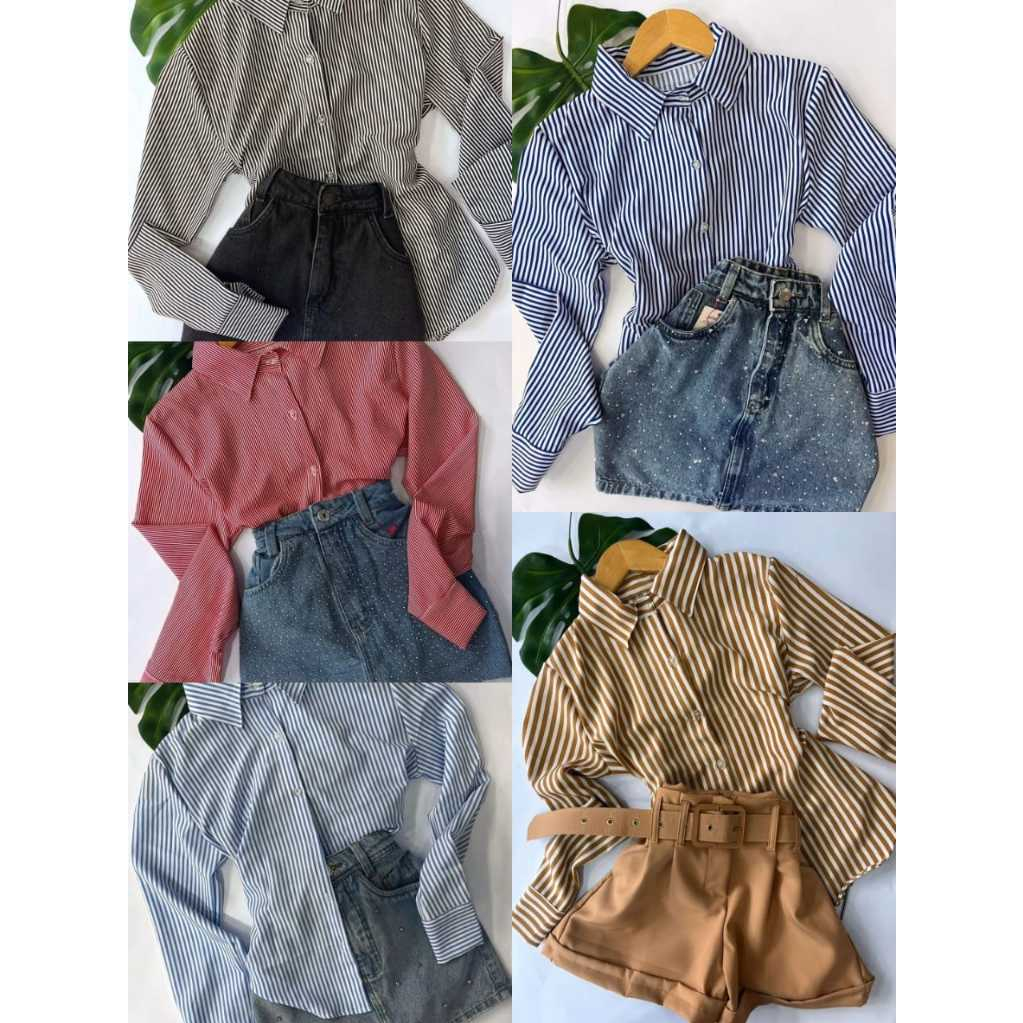 CAMISA BLUSA SOCIAL  MANGA LONGA FEMENINA CREPINHO LISTRADA TAMANHOS P - M - G - GG