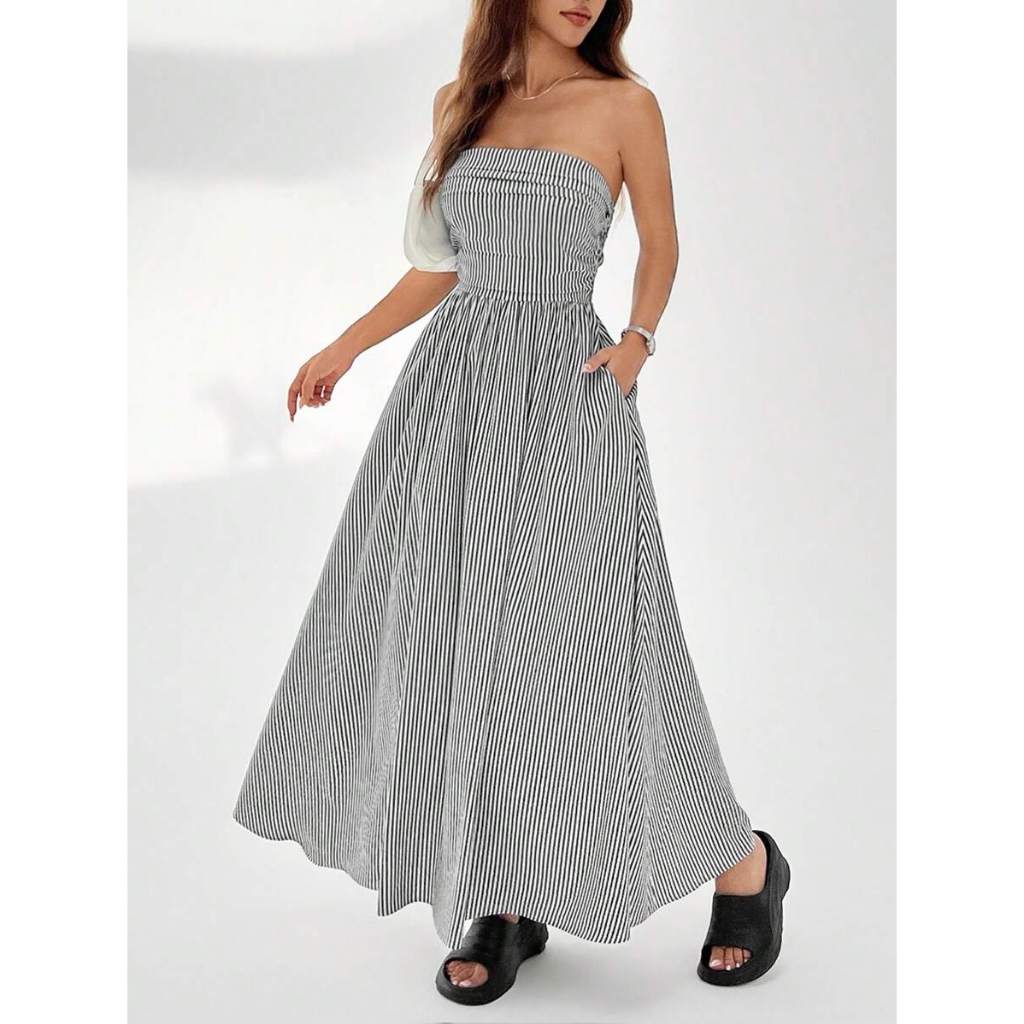 SV Vestido Longo Listrado Feminino de Verão com Bolsos