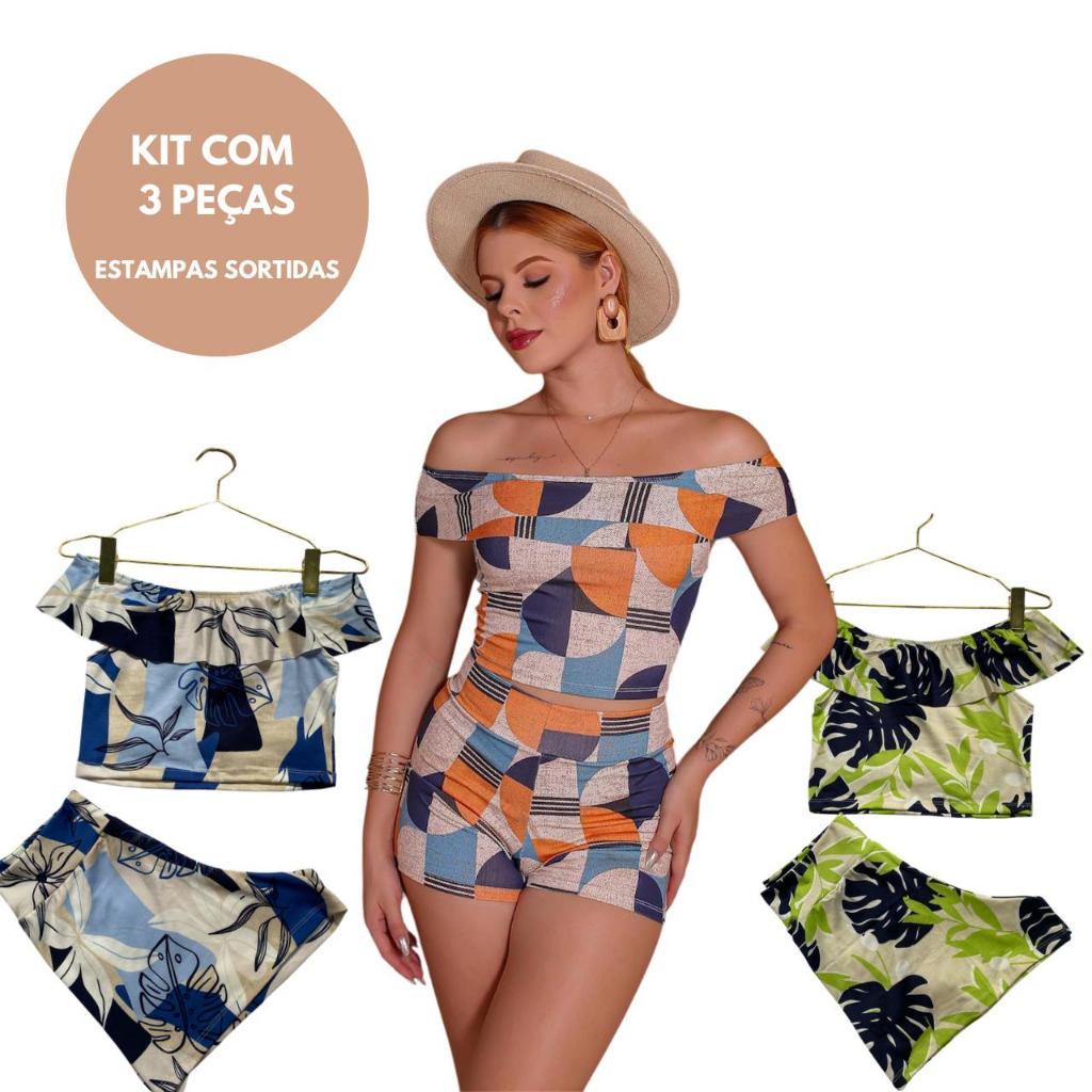 Kit 3 conjunto babado estampas tropical verão conjunto tendência feminino básico