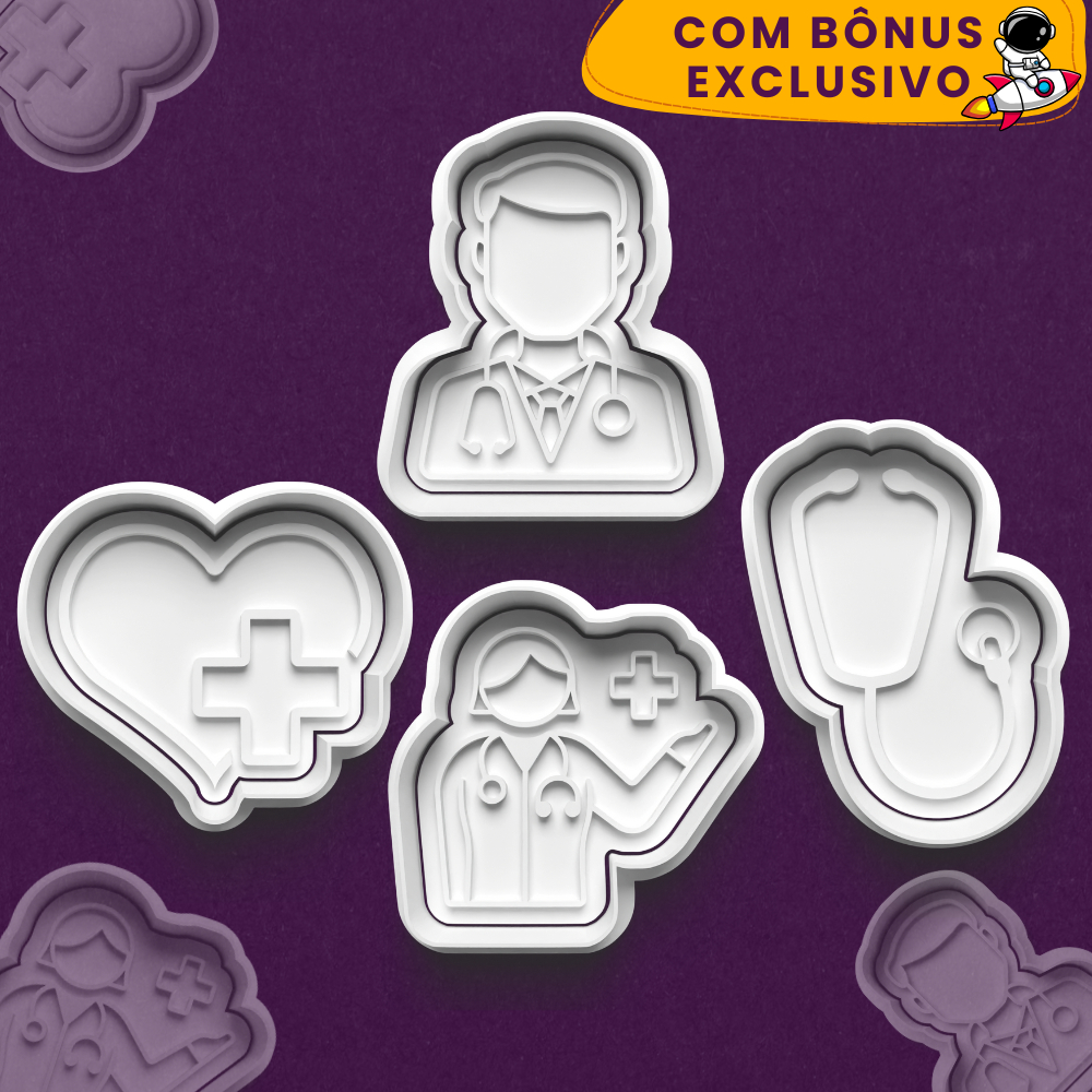 Kit 4 Cortador Marcador Cookie Medicina Doutor Enfermeira Estetoscópio Coração Biscoito Festa