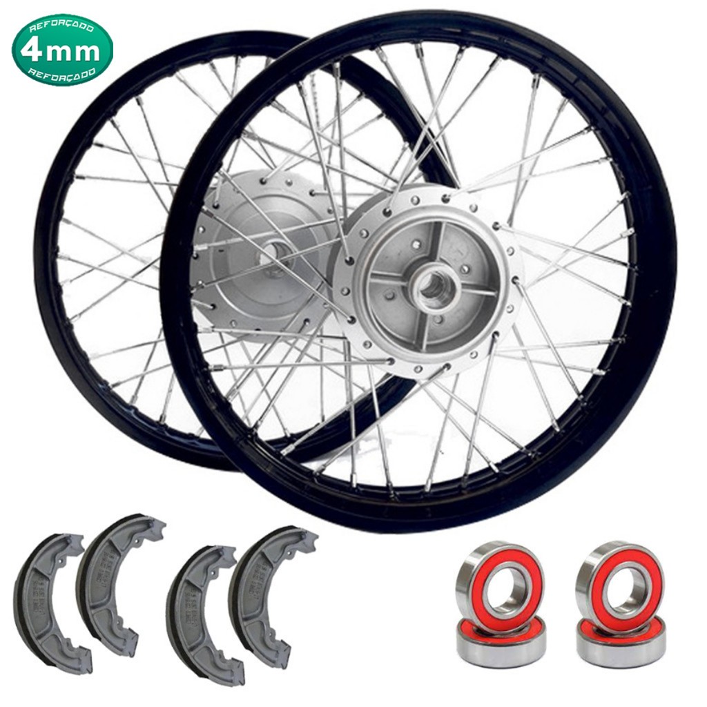 Par Roda Aro Preto Ybr Factor Tambor Raio 4mm Montada Com Rolamentos e Lonas