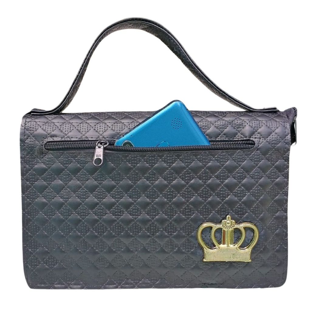 Bolsa Capa para Bíblia Média com Alça Zíper e Bolso Externo Preta Craquelada - Porta Celular | Nº 11