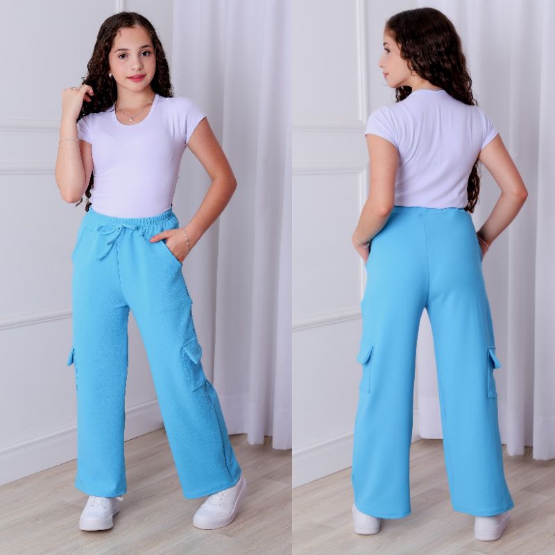 Calça Cargo Infantil Juvenil Feminina Bolsos Laterais Casual Confortável