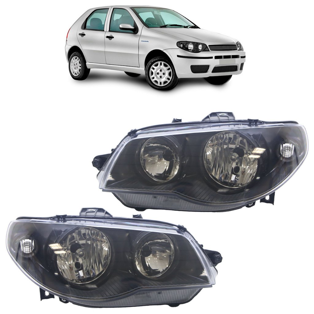 Par Farol Dianteiro Palio G3 2004 2005 2006 2007 2008 2009 2010 A 2016 Máscara Negra Foco Duplo Lente Lisa Acrilico - Spare Parts and Accessories for Vehicles