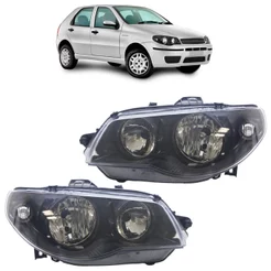 Par Farol Dianteiro Palio G3 2004 2005 2006 2007 A 2016 Máscara Negra Foco Duplo Lente Lisa Acrilico