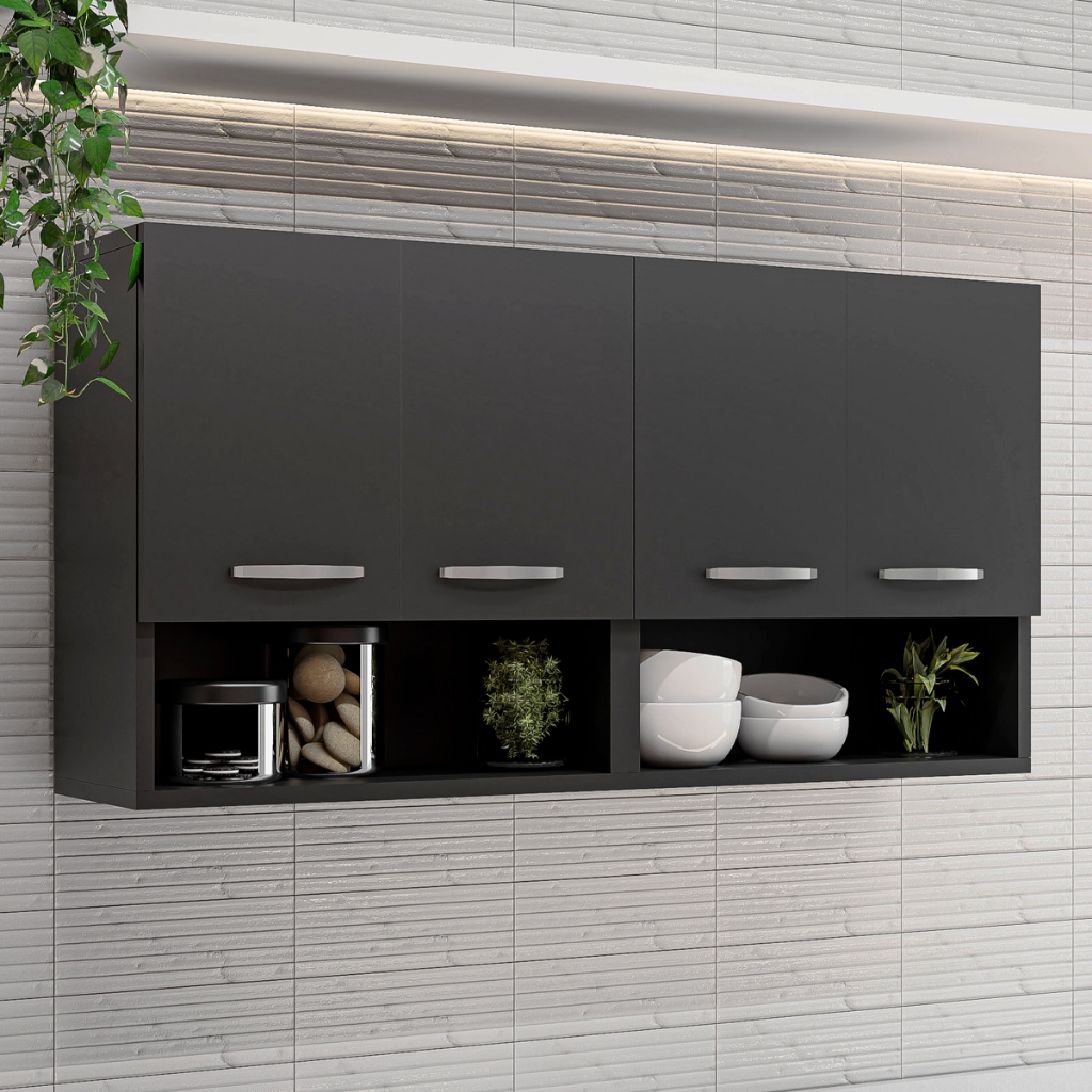 Armário de Banheiro Aéreo Multiuso com Kit de Instalação 4 Portas Móveis Bonatto - Home & Living