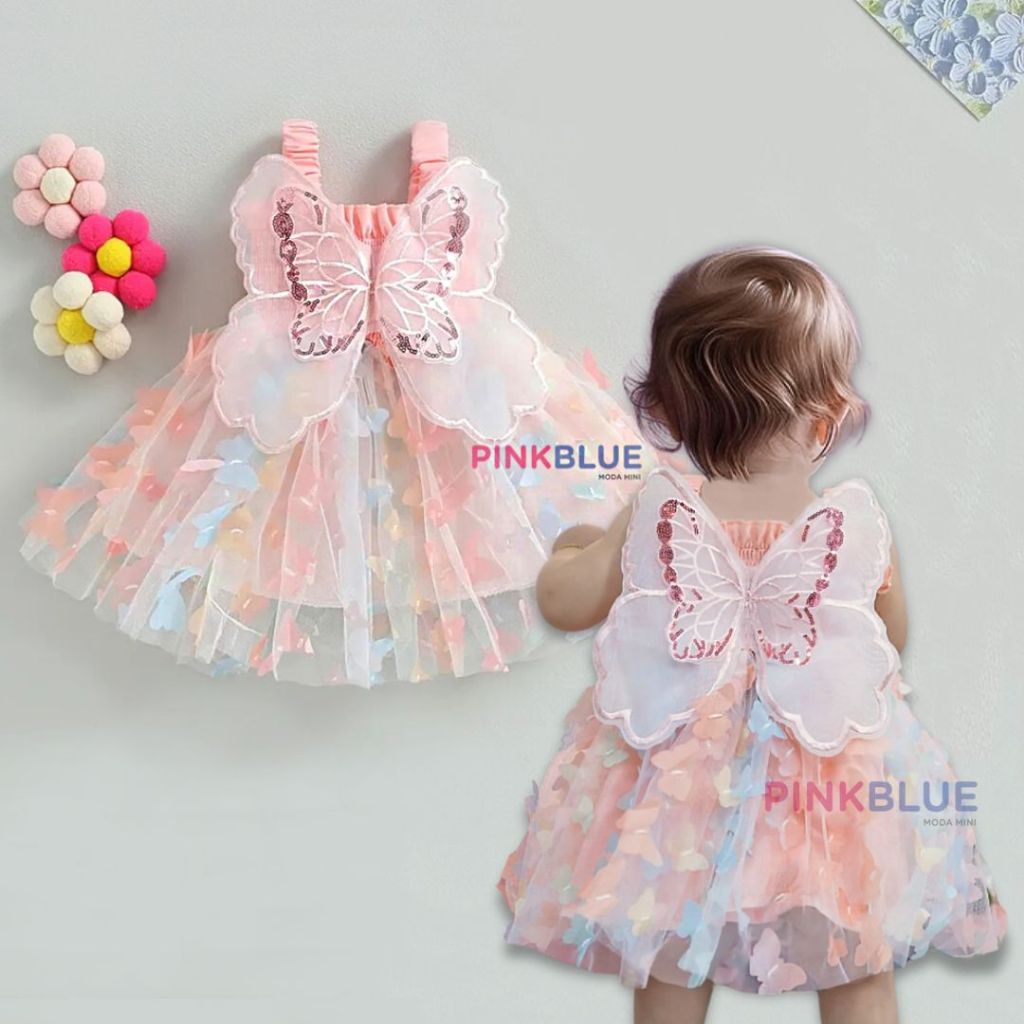 Vestido em tule com asas de borboletas cores candy bebê menina em Oferta na Shopee