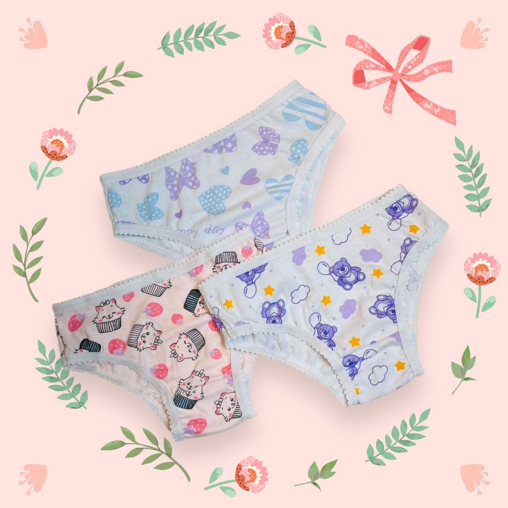 Kit 3 Calcinhas Infantis 100% Algodão Confortável para Meninas Estampas Sortidas Para o Dia a Dia